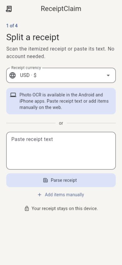ReceiptClaim receipt import screen