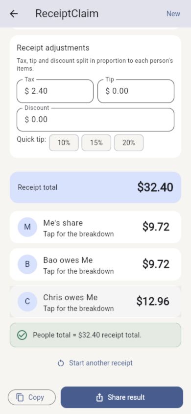 ReceiptClaim final itemized settlement screen